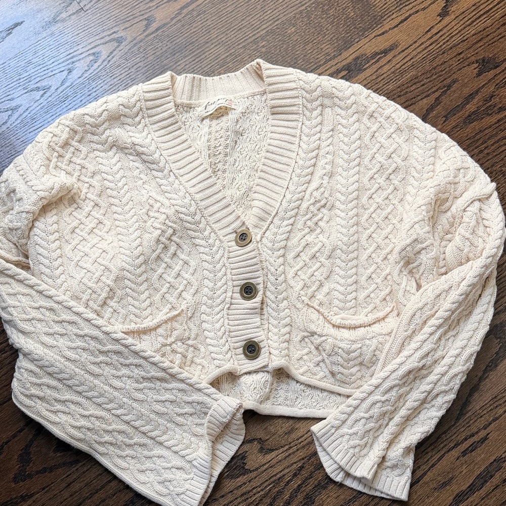 Free People Cropped Cable-Knit Cardigan Sweater - Cream XS